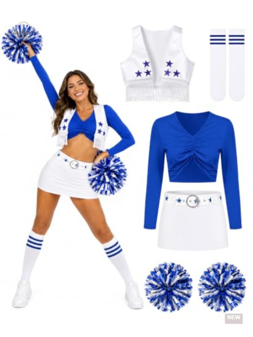 Womens Cheerleader Costume Set with Crop Top Vest Skirt Socks Pom Poms